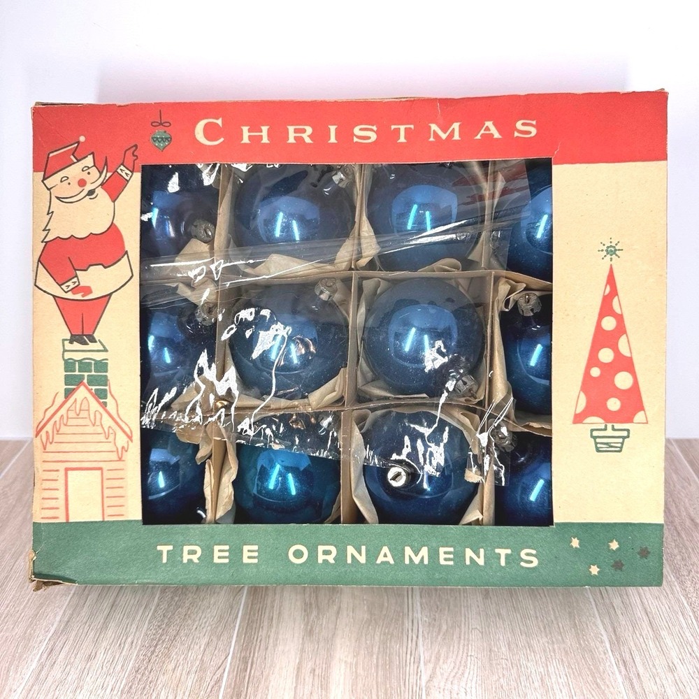 Vintage Fantasia Poland Blue Glass Christmas Holiday Ornaments 12 In Box 2 3/8"